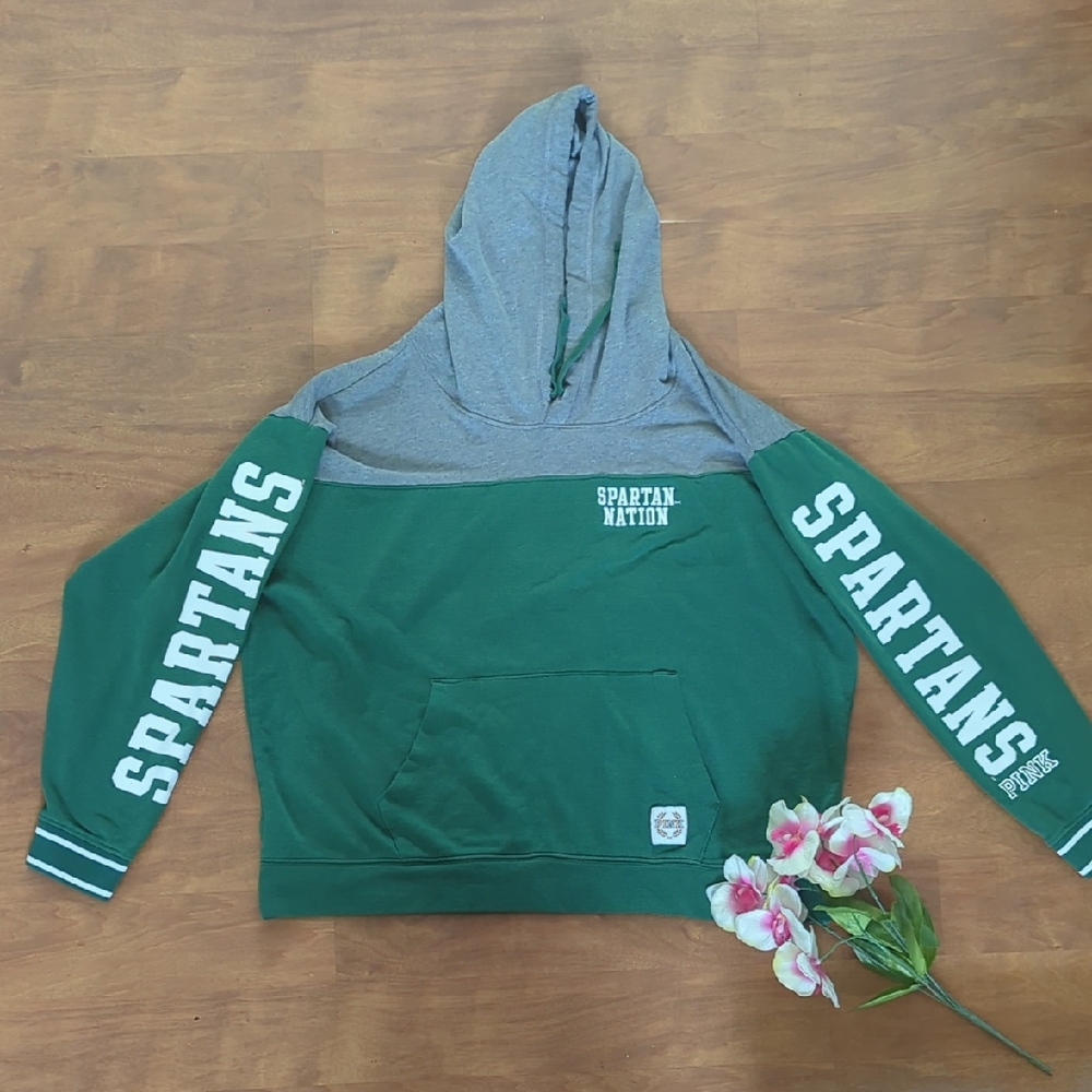 PINK Victoria's Secret Green and Gray Color-Blocked Sweater